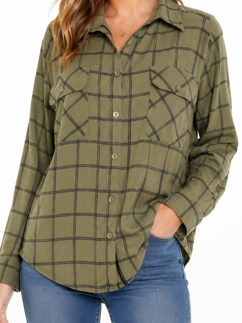 Olive Green Plaid Button-Front Shirt